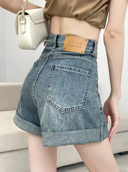 High waist denim shorts women's summer thin style 2025 new loose slim wide leg a-line curled hot girl hot pants