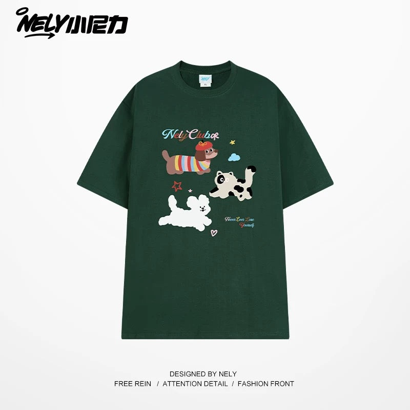 NELY Little Nelly Cute Puppy Printed Short-sleeved T-shirt for Men and Women 2025 New Summer ins Loose Casual Tops