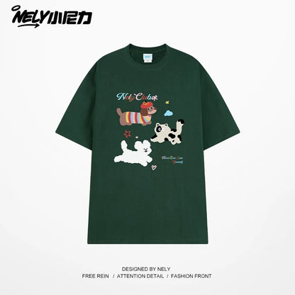 NELY Little Nelly Cute Puppy Printed Short-sleeved T-shirt for Men and Women 2025 New Summer ins Loose Casual Tops