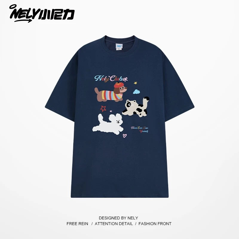 NELY Little Nelly Cute Puppy Printed Short-sleeved T-shirt for Men and Women 2025 New Summer ins Loose Casual Tops