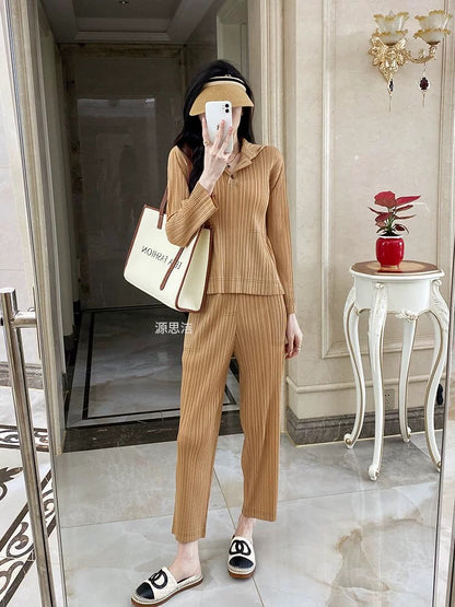 Miyake fashion casual hooded sweatshirt pants pleated suit two-piece women's sports fashion spring and autumn new summer thin