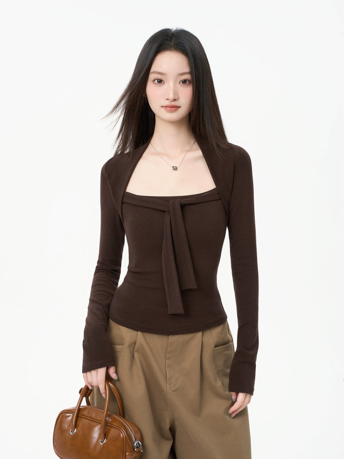 iiiamX Merlad Brown Square Neck Top Women's Autumn Slim Fit Long Sleeve T-Shirt Base Layer 2025 New Arrival
