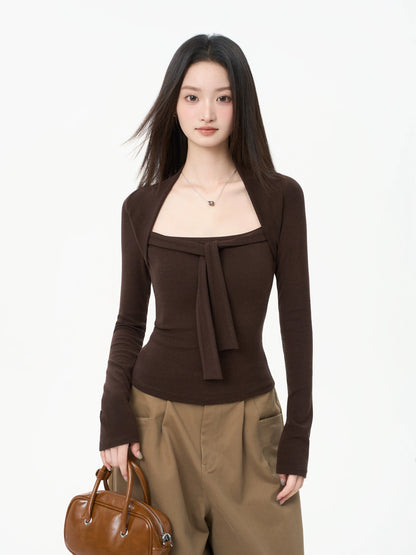 iiiamX Merlad Brown Square Neck Top Women's Autumn Slim Fit Long Sleeve T-Shirt Base Layer 2025 New Arrival