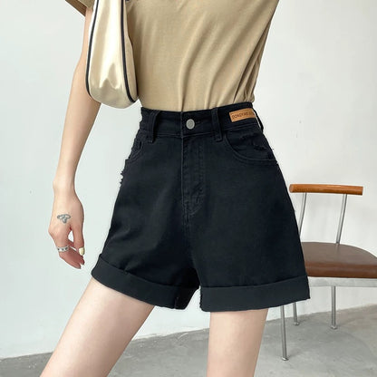 High waist denim shorts women's summer thin style 2025 new loose slim wide leg a-line curled hot girl hot pants