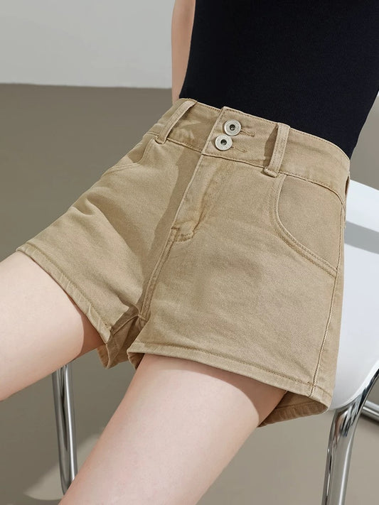 100% cotton denim shorts women's summer thin high waist A-line double button retro versatile slim hot girl hot pants