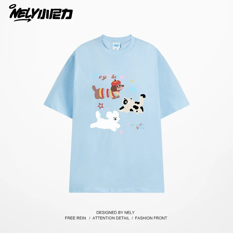 NELY Little Nelly Cute Puppy Printed Short-sleeved T-shirt for Men and Women 2025 New Summer ins Loose Casual Tops