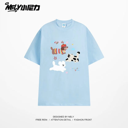 NELY Little Nelly Cute Puppy Printed Short-sleeved T-shirt for Men and Women 2025 New Summer ins Loose Casual Tops
