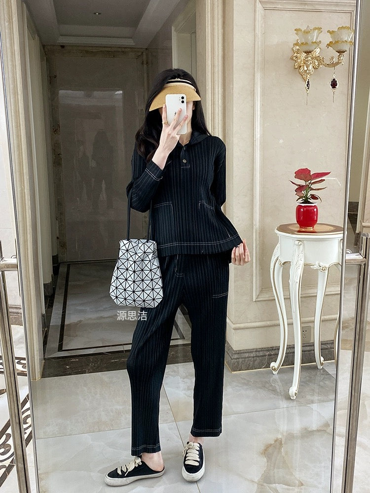Miyake fashion casual hooded sweatshirt pants pleated suit two-piece women's sports fashion spring and autumn new summer thin