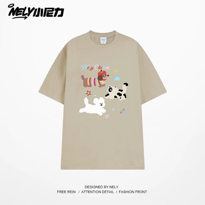 NELY Little Nelly Cute Puppy Printed Short-sleeved T-shirt for Men and Women 2025 New Summer ins Loose Casual Tops