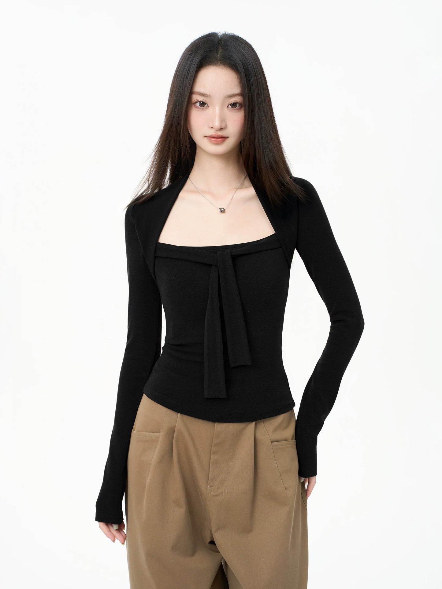 iiiamX Merlad Brown Square Neck Top Women's Autumn Slim Fit Long Sleeve T-Shirt Base Layer 2025 New Arrival