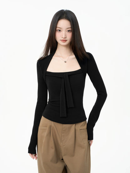 iiiamX Merlad Brown Square Neck Top Women's Autumn Slim Fit Long Sleeve T-Shirt Base Layer 2025 New Arrival