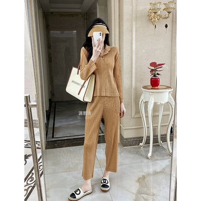 Miyake fashion casual hooded sweatshirt pants pleated suit two-piece women's sports fashion spring and autumn new summer thin