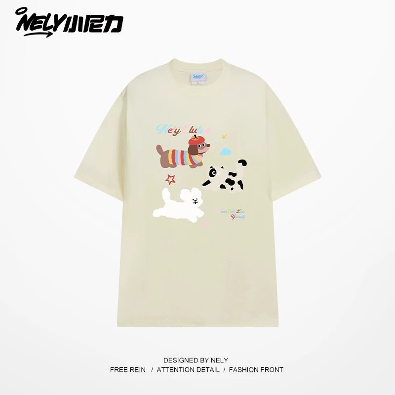NELY Little Nelly Cute Puppy Printed Short-sleeved T-shirt for Men and Women 2025 New Summer ins Loose Casual Tops