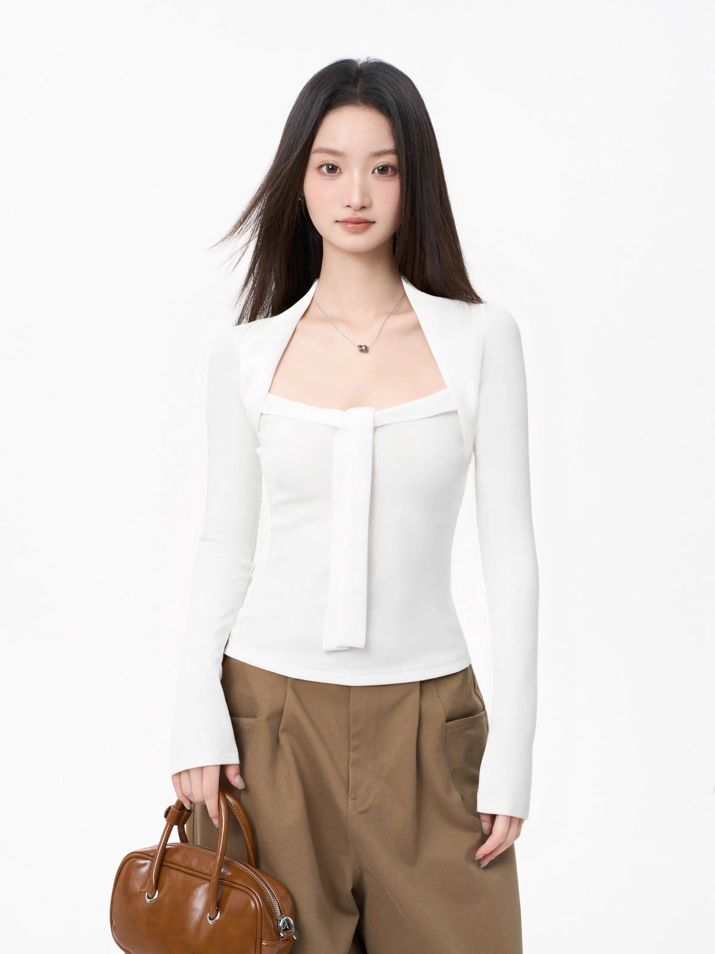iiiamX Merlad Brown Square Neck Top Women's Autumn Slim Fit Long Sleeve T-Shirt Base Layer 2025 New Arrival