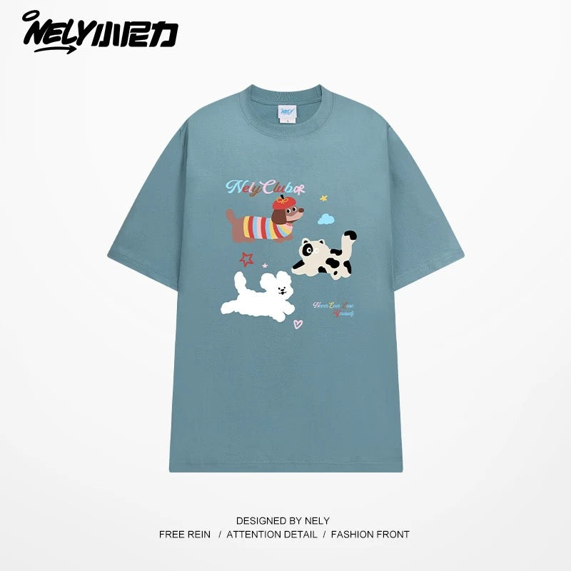 NELY Little Nelly Cute Puppy Printed Short-sleeved T-shirt for Men and Women 2025 New Summer ins Loose Casual Tops