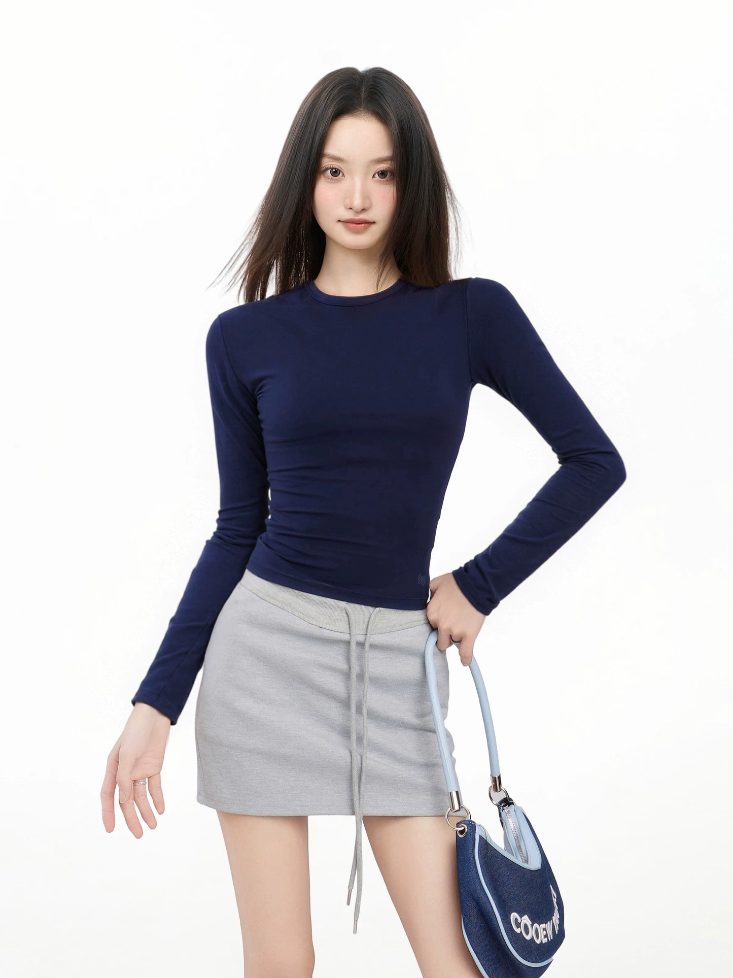 iiiamX Navy Blue Off-Shoulder Backless Long-Sleeve T-Shirt Women's Autumn 2025 New Style Hot Girl Slim Fit Base Layer Top