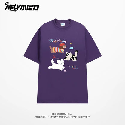 NELY Little Nelly Cute Puppy Printed Short-sleeved T-shirt for Men and Women 2025 New Summer ins Loose Casual Tops