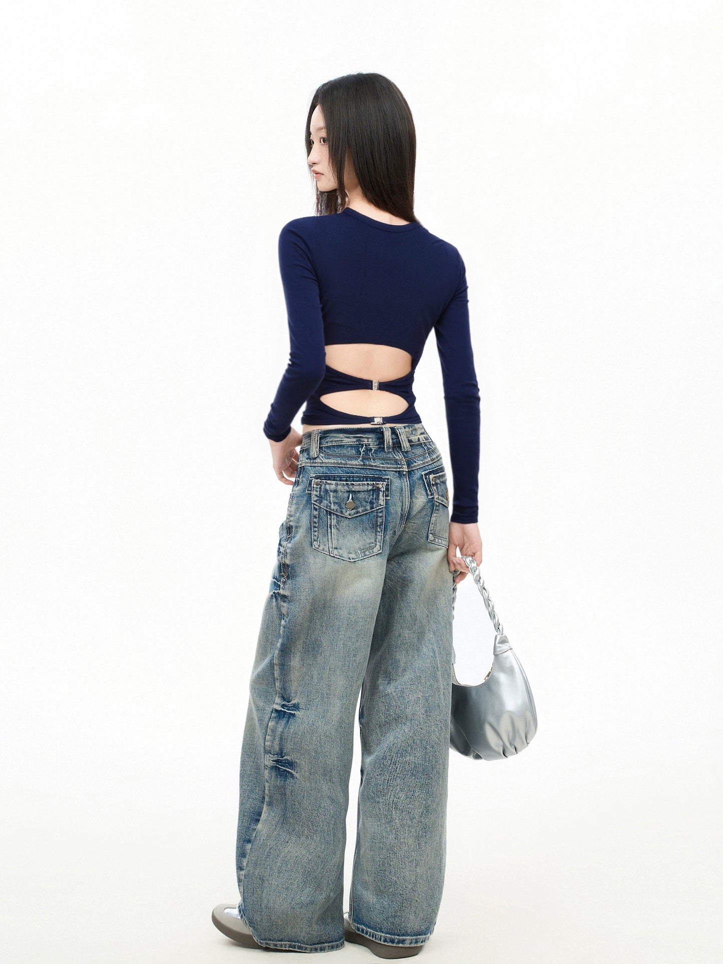iiiamX Navy Blue Off-Shoulder Backless Long-Sleeve T-Shirt Women's Autumn 2025 New Style Hot Girl Slim Fit Base Layer Top
