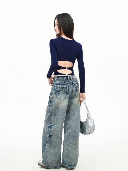 iiiamX Navy Blue Off-Shoulder Backless Long-Sleeve T-Shirt Women's Autumn 2025 New Style Hot Girl Slim Fit Base Layer Top