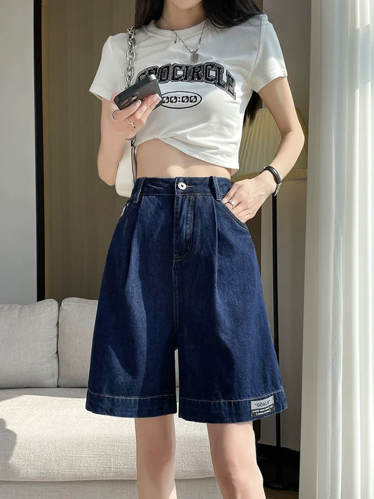 High waist denim shorts women's summer thin straight loose slim a-line small wide leg mid-length pants ins trend