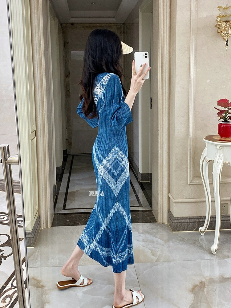 Miyake Chikage temperament pleated dress women's spring and autumn new retro imitation denim lace printed straight long skirt
