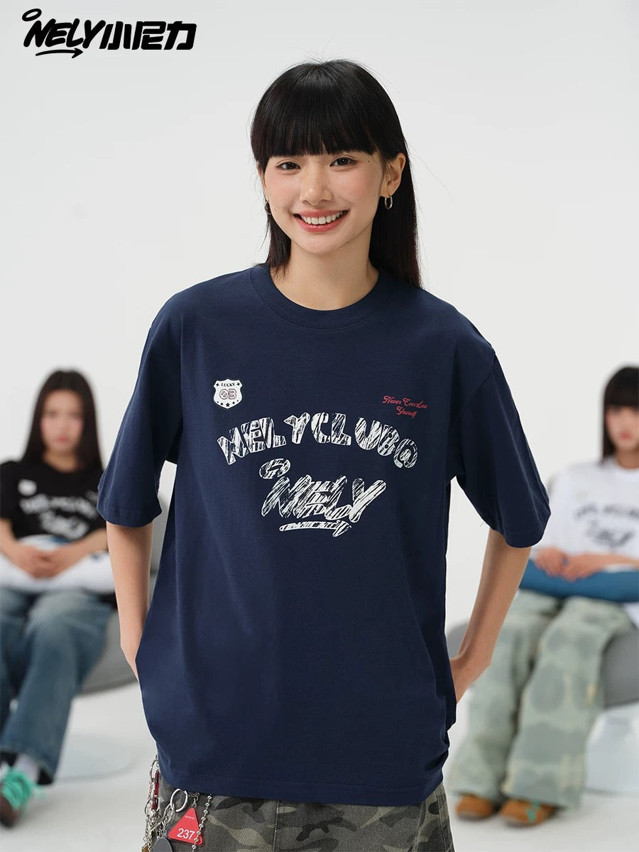 NELY Little Nelly Graffiti Letters Short-sleeved T-shirt for Men and Women Summer New Design Casual Trendy Brand Pure Cotton Top