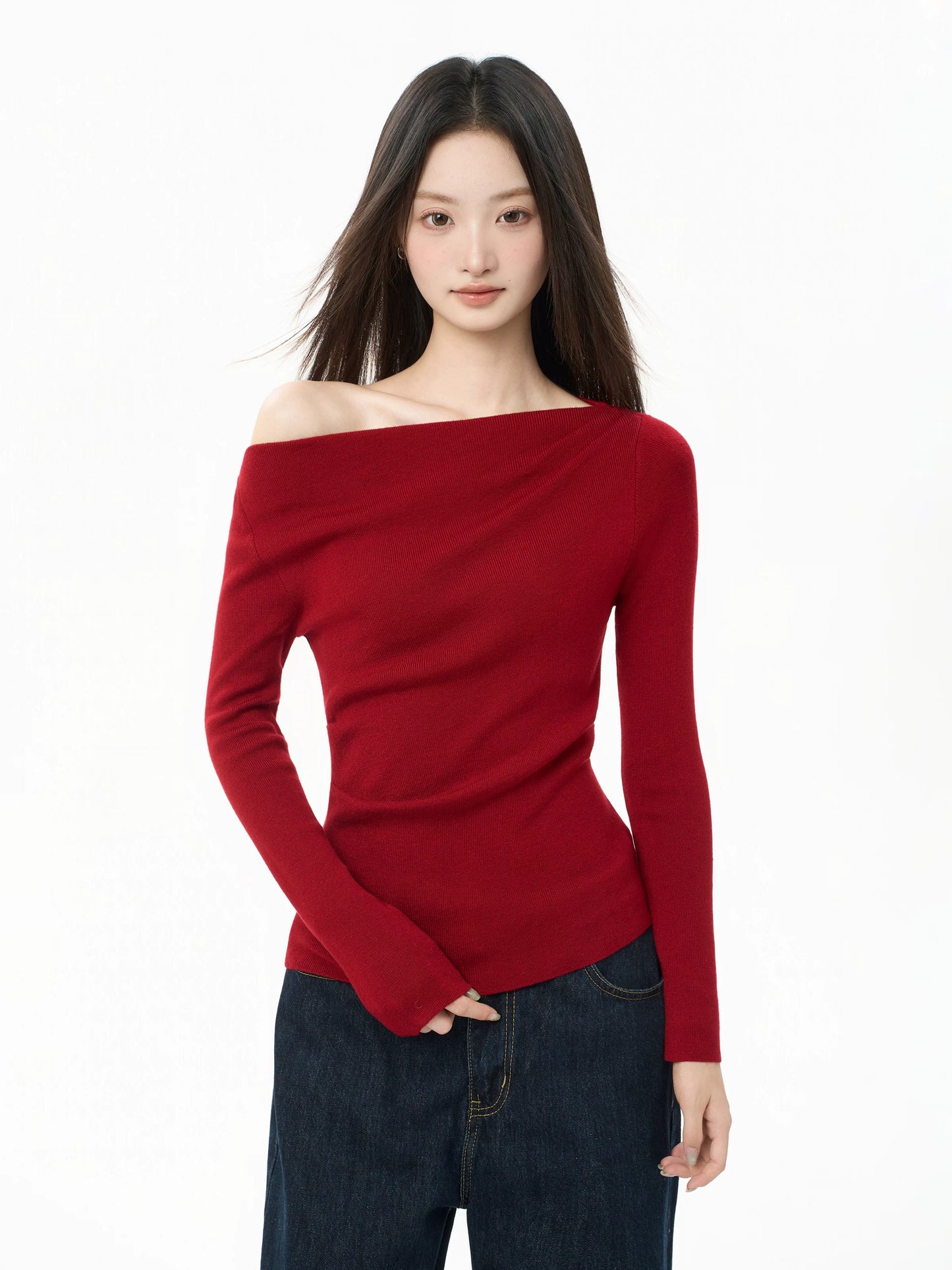 iiiamX Red Off-Shoulder Knit Top for Women, Autumn Slim Fit Inner Layer, One-Shoulder Long-Sleeve Knit Sweater
