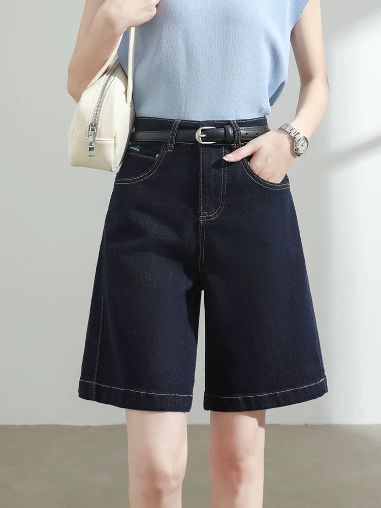 Blue denim shorts women's 2025 summer thin high waist loose slim all-match straight wide leg pants