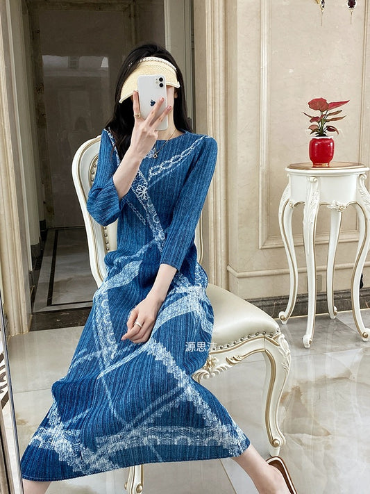 Miyake Chikage temperament pleated dress women's spring and autumn new retro imitation denim lace printed straight long skirt