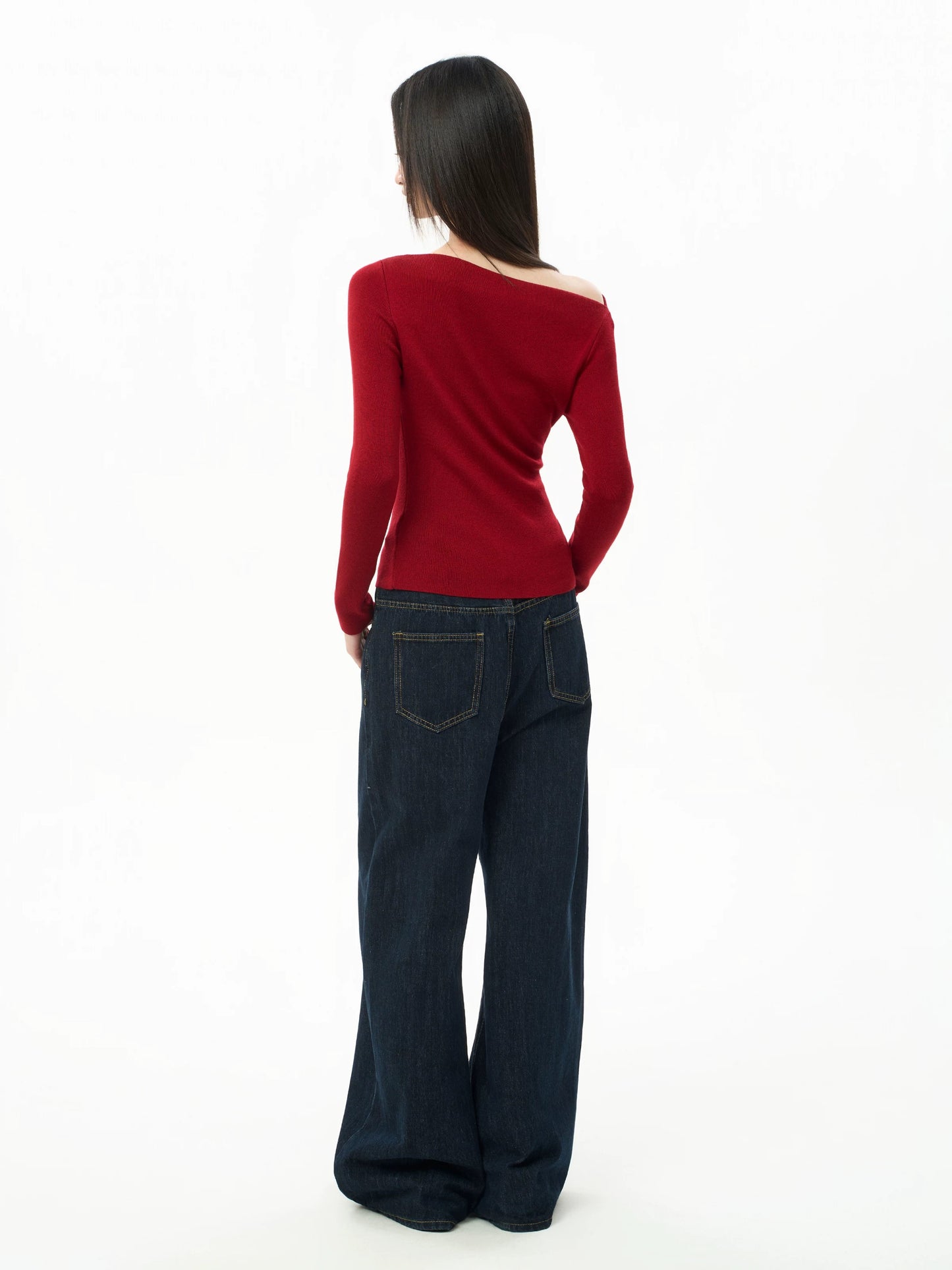 iiiamX Red Off-Shoulder Knit Top for Women, Autumn Slim Fit Inner Layer, One-Shoulder Long-Sleeve Knit Sweater
