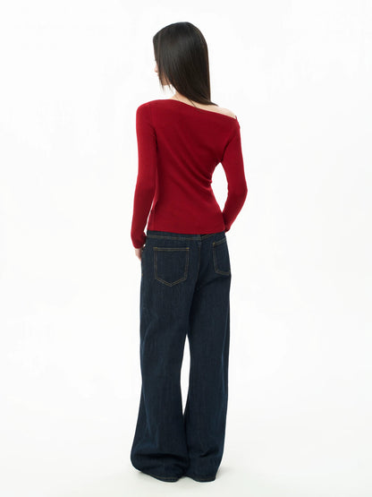 iiiamX Red Off-Shoulder Knit Top for Women, Autumn Slim Fit Inner Layer, One-Shoulder Long-Sleeve Knit Sweater