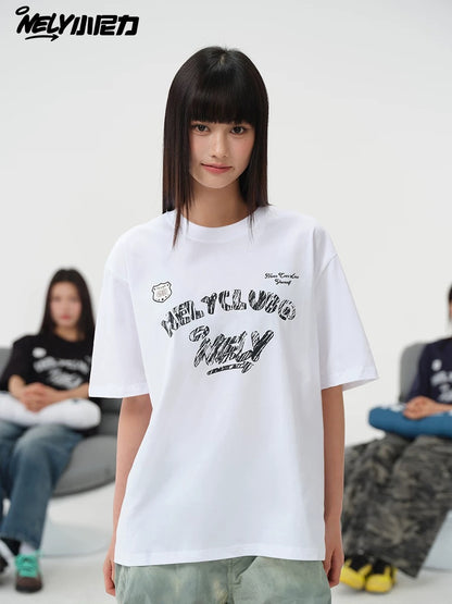 NELY Little Nelly Graffiti Letters Short-sleeved T-shirt for Men and Women Summer New Design Casual Trendy Brand Pure Cotton Top