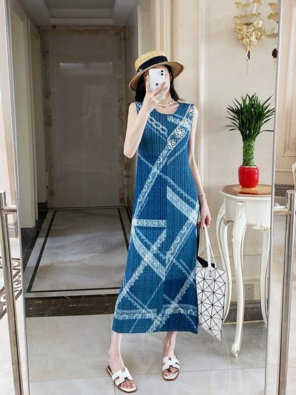Miyake Chikage temperament pleated dress women's spring and autumn new retro imitation denim lace printed straight long skirt