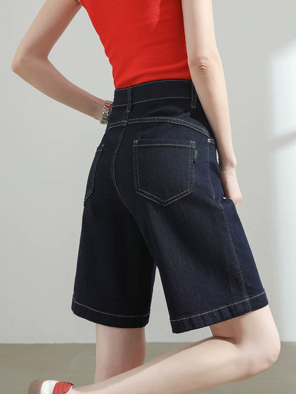 Blue denim shorts women's 2025 summer thin high waist loose slim all-match straight wide leg pants