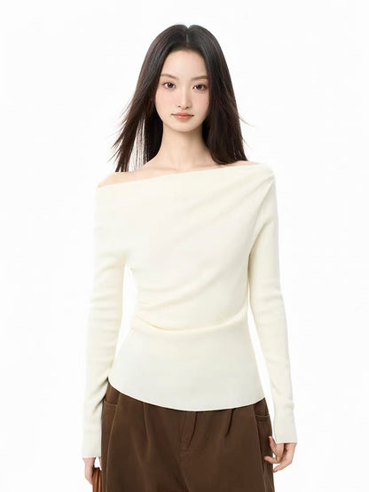 iiiamX Red Off-Shoulder Knit Top for Women, Autumn Slim Fit Inner Layer, One-Shoulder Long-Sleeve Knit Sweater