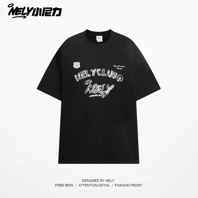 NELY Little Nelly Graffiti Letters Short-sleeved T-shirt for Men and Women Summer New Design Casual Trendy Brand Pure Cotton Top