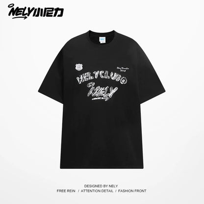 NELY Little Nelly Graffiti Letters Short-sleeved T-shirt for Men and Women Summer New Design Casual Trendy Brand Pure Cotton Top