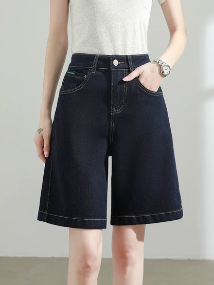 Blue denim shorts women's 2025 summer thin high waist loose slim all-match straight wide leg pants
