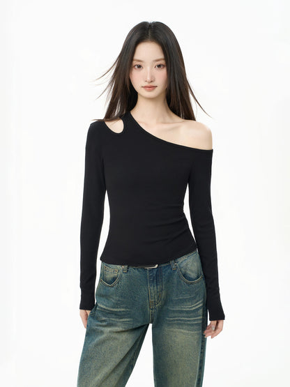 iiiamX Black Off-Shoulder Top for Women, Autumn and Winter Inner Layer Base Shirt, High-End Slim Fit Long Sleeve T-Shirt