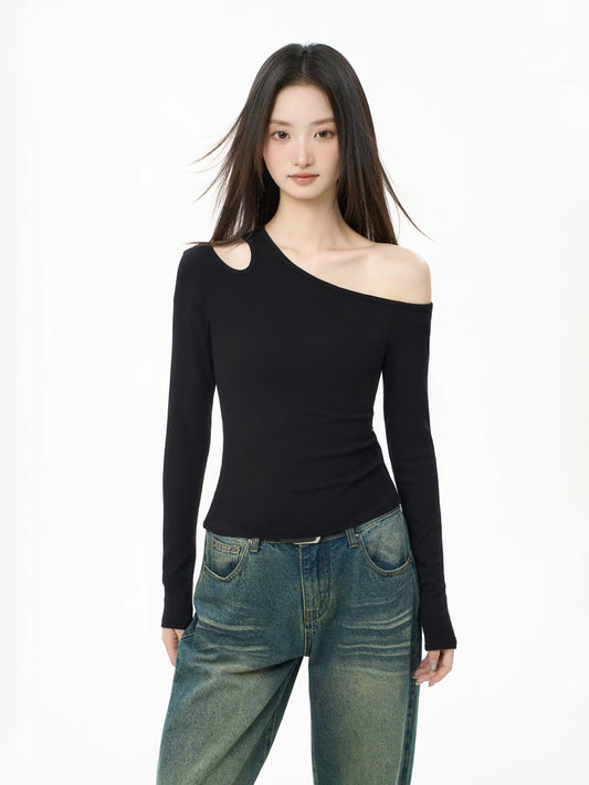 iiiamX Black Off-Shoulder Top for Women, Autumn and Winter Inner Layer Base Shirt, High-End Slim Fit Long Sleeve T-Shirt