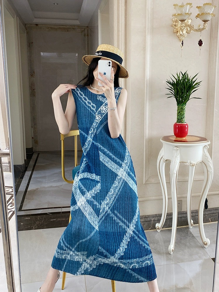 Miyake Chikage temperament pleated dress women's spring and autumn new retro imitation denim lace printed straight long skirt