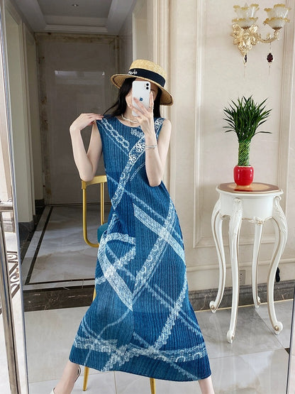 Miyake Chikage temperament pleated dress women's spring and autumn new retro imitation denim lace printed straight long skirt
