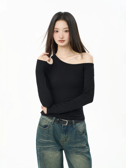 iiiamX Black Off-Shoulder Top for Women, Autumn and Winter Inner Layer Base Shirt, High-End Slim Fit Long Sleeve T-Shirt