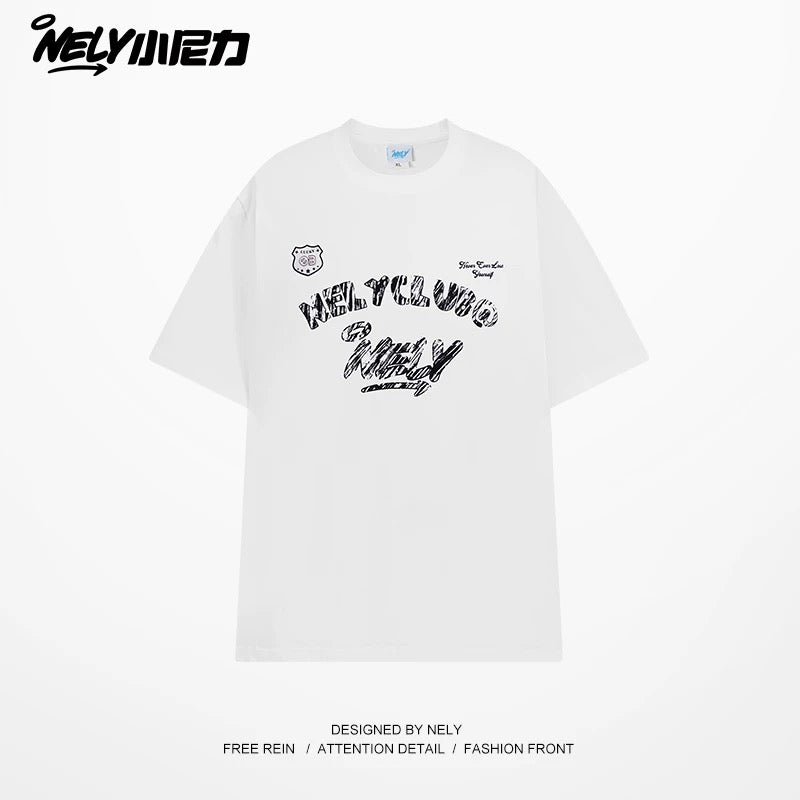 NELY Little Nelly Graffiti Letters Short-sleeved T-shirt for Men and Women Summer New Design Casual Trendy Brand Pure Cotton Top