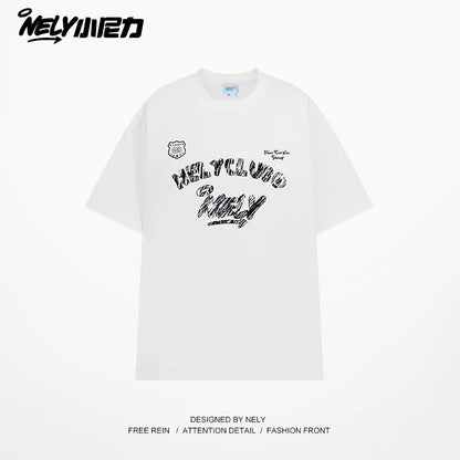 NELY Little Nelly Graffiti Letters Short-sleeved T-shirt for Men and Women Summer New Design Casual Trendy Brand Pure Cotton Top