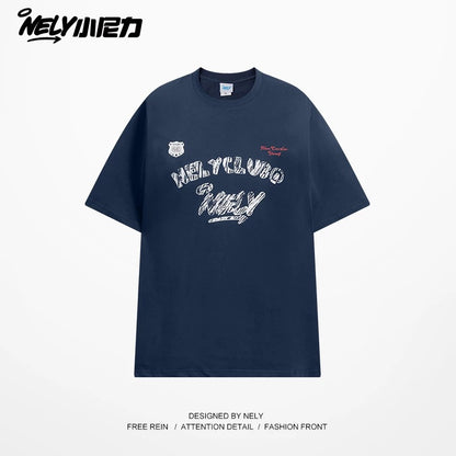 NELY Little Nelly Graffiti Letters Short-sleeved T-shirt for Men and Women Summer New Design Casual Trendy Brand Pure Cotton Top