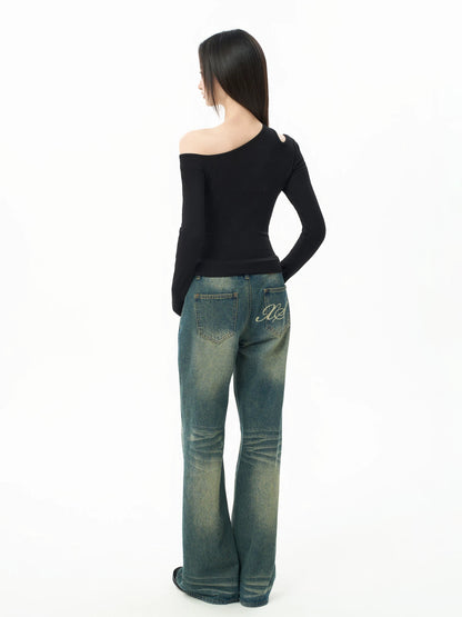 iiiamX Black Off-Shoulder Top for Women, Autumn and Winter Inner Layer Base Shirt, High-End Slim Fit Long Sleeve T-Shirt