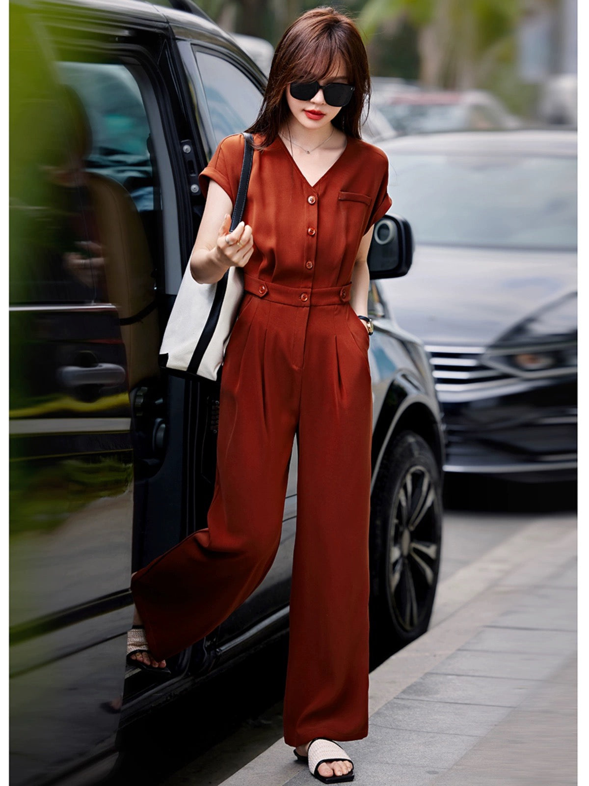 Mohan Yimei Casual Short Sleeve V-neck High Waist Jumpsuit 2024 Summer New Fashion Korean Style Casual Jumpsuit