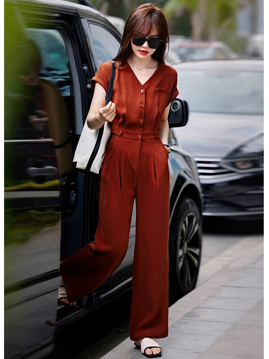 Mohan Yimei Casual Short Sleeve V-neck High Waist Jumpsuit 2024 Summer New Fashion Korean Style Casual Jumpsuit