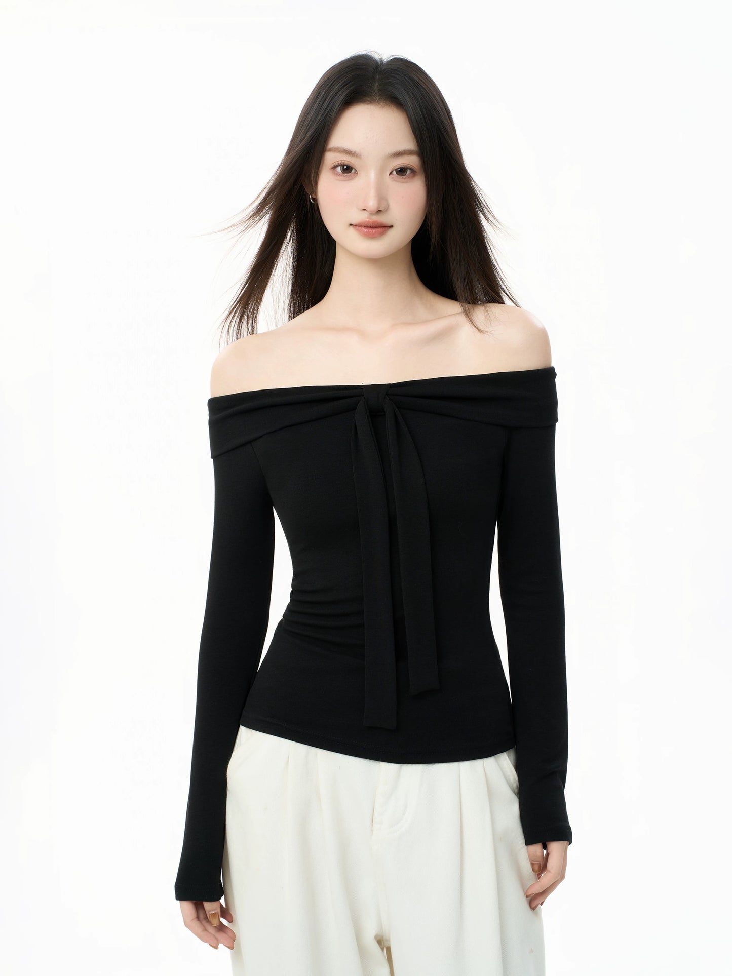 iiiamX Original Design Black Off-Shoulder Top for Women, Autumn Inner Layer, Slim Fit Long Sleeve T-Shirt